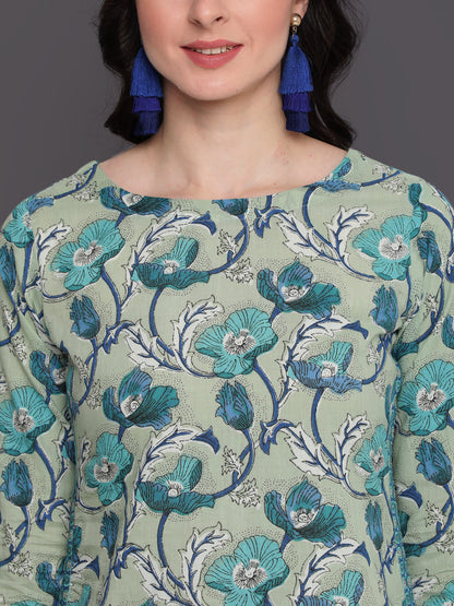 Printed Straight Calf Length 3/4 Sleeves Round Neck Cotton Kurta