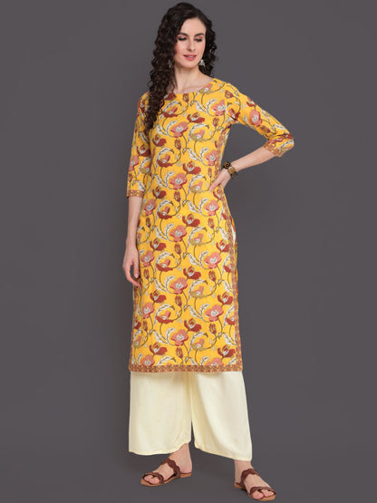 Printed Straight Calf Length 3/4 Sleeves Round Neck Cotton Kurta