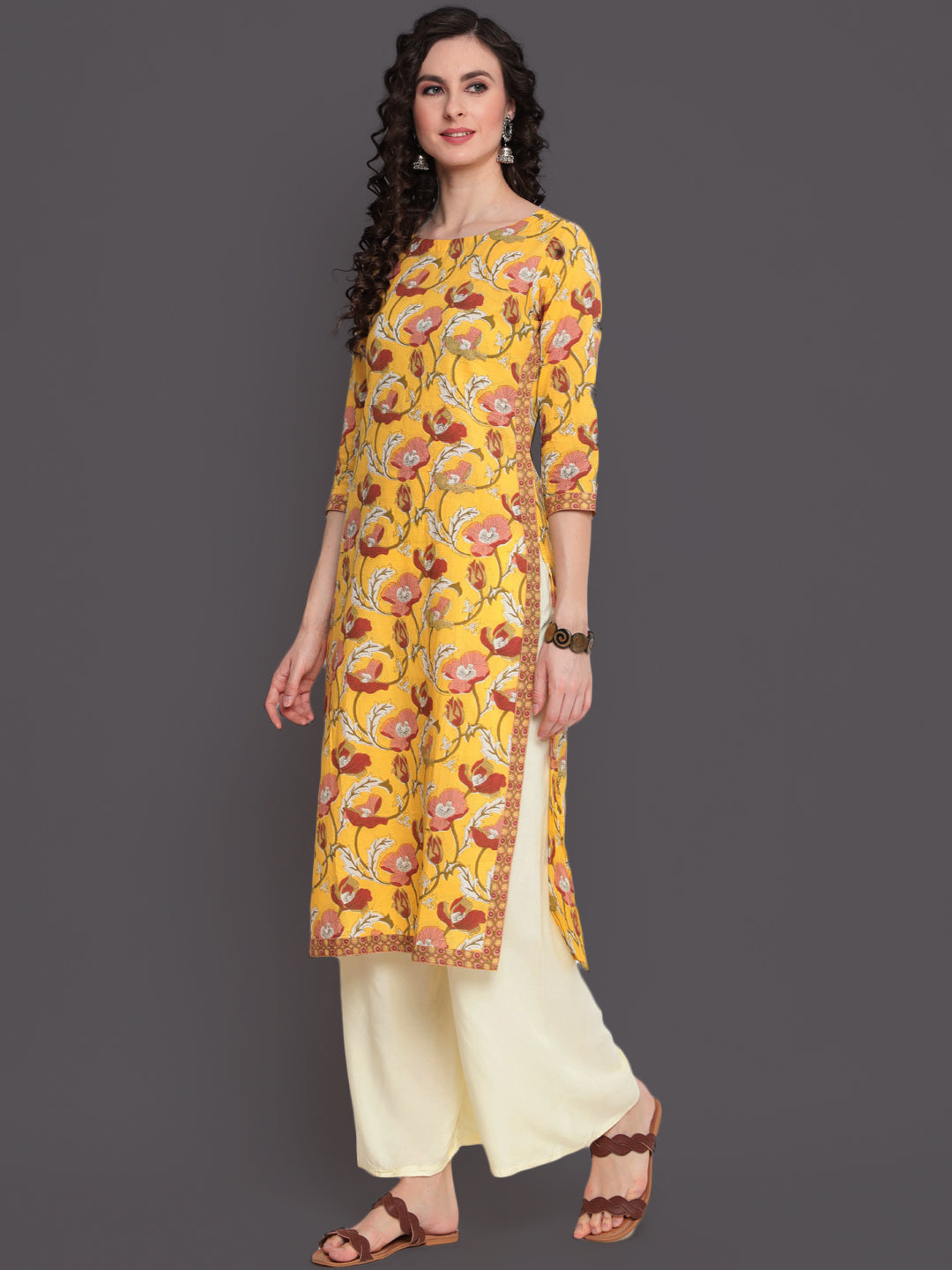 Printed Straight Calf Length 3/4 Sleeves Round Neck Cotton Kurta