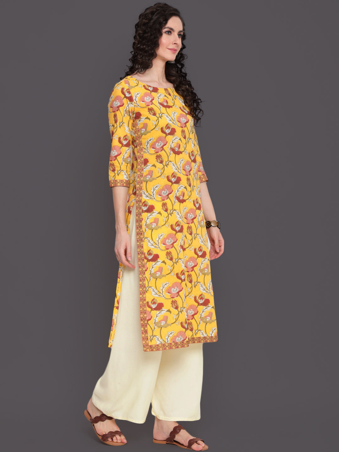 Printed Straight Calf Length 3/4 Sleeves Round Neck Cotton Kurta