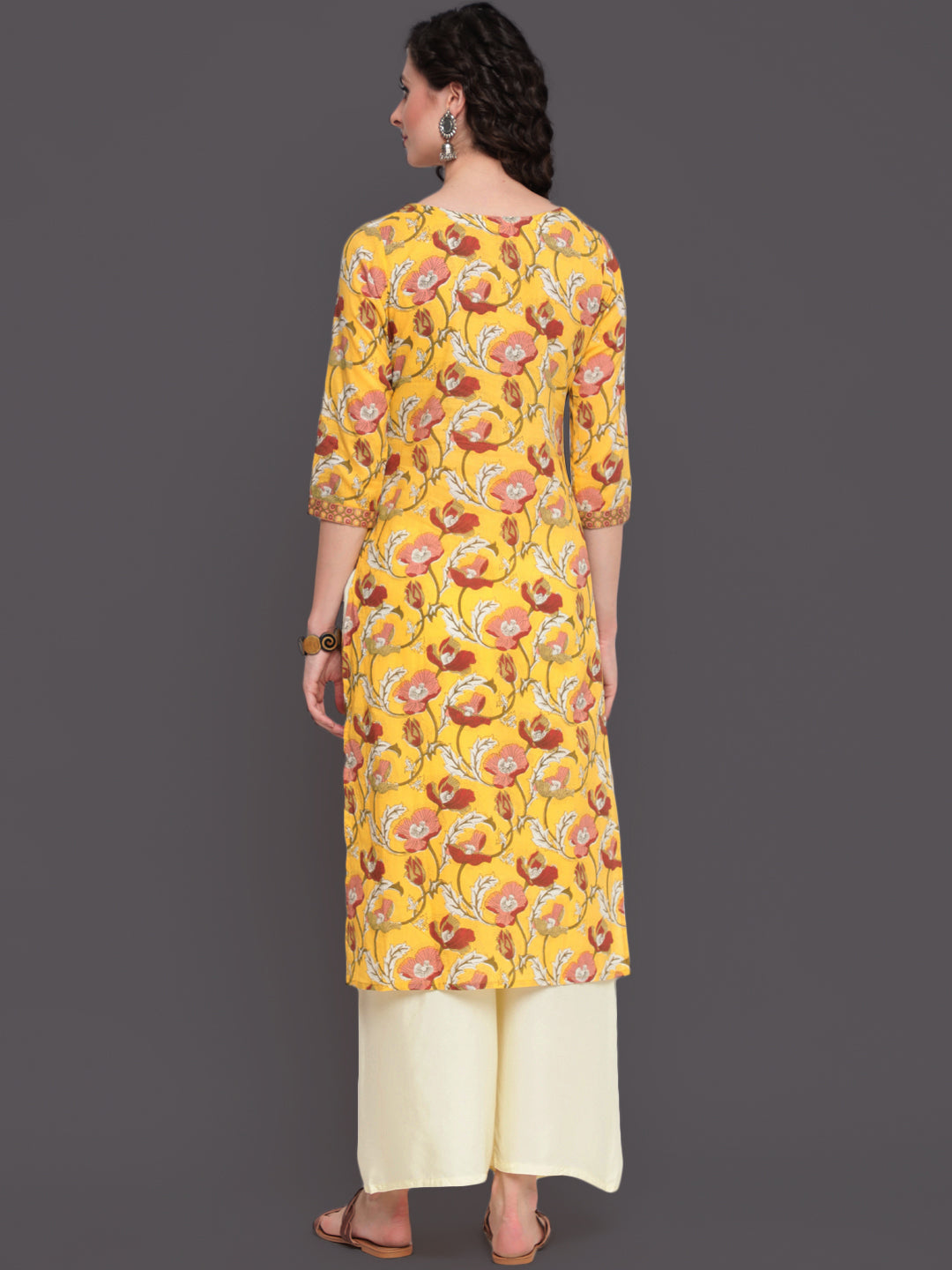 Printed Straight Calf Length 3/4 Sleeves Round Neck Cotton Kurta