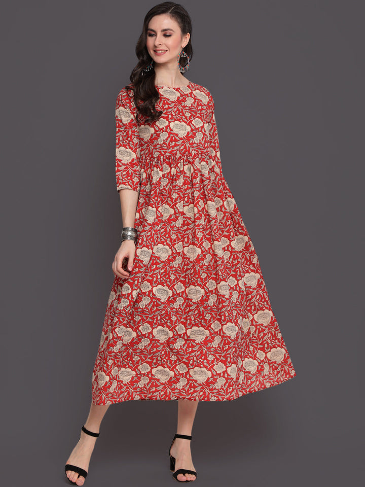 Printed Flared Calf Length 3/4 Sleeves Round Neck Cotton Kurta Dress