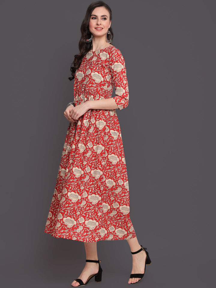 Printed Flared Calf Length 3/4 Sleeves Round Neck Cotton Kurta Dress