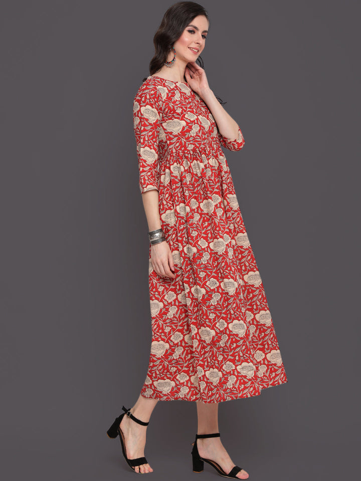 Printed Flared Calf Length 3/4 Sleeves Round Neck Cotton Kurta Dress