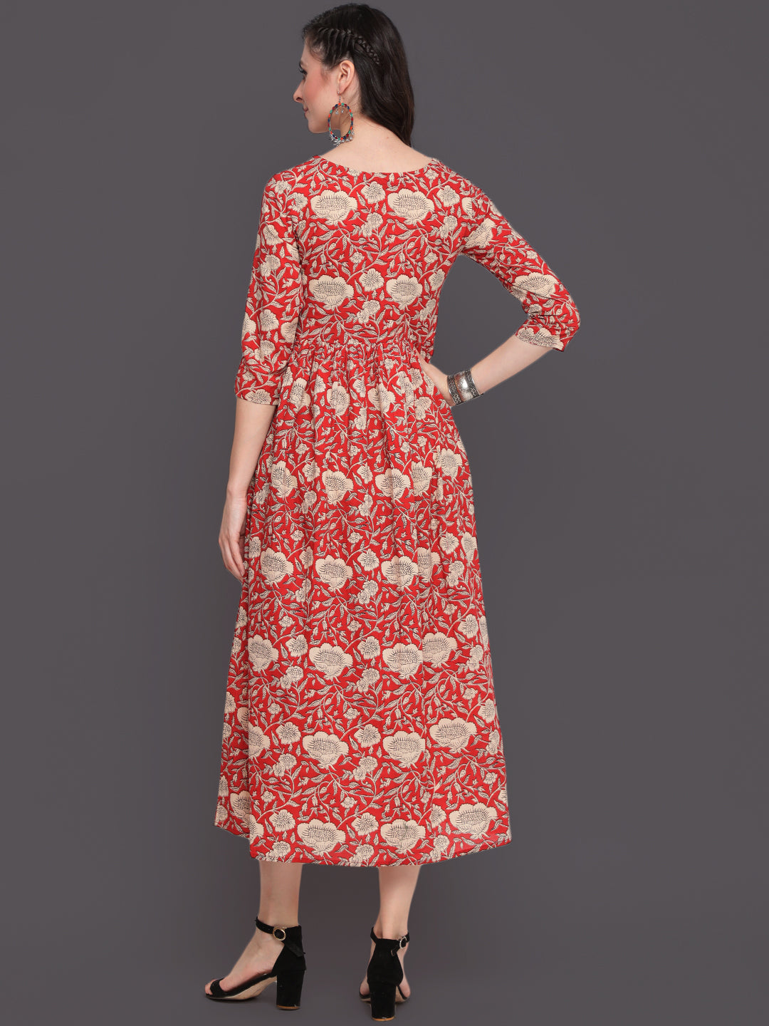 Printed Flared Calf Length 3/4 Sleeves Round Neck Cotton Kurta Dress