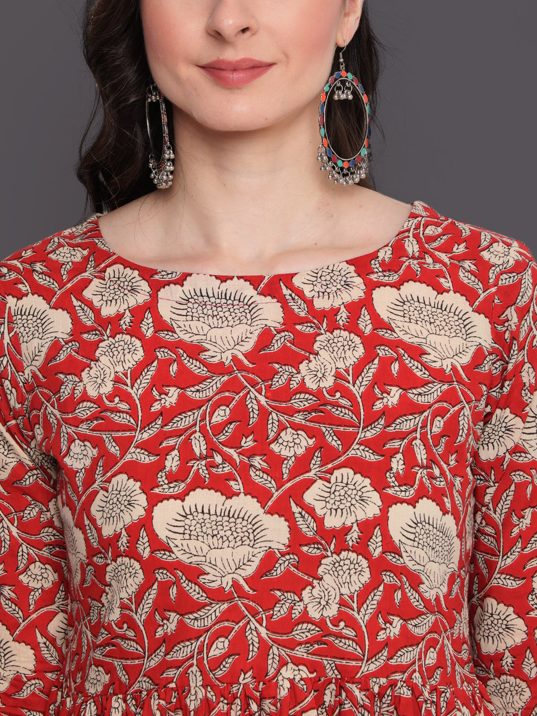 Printed Flared Calf Length 3/4 Sleeves Round Neck Cotton Kurta Dress
