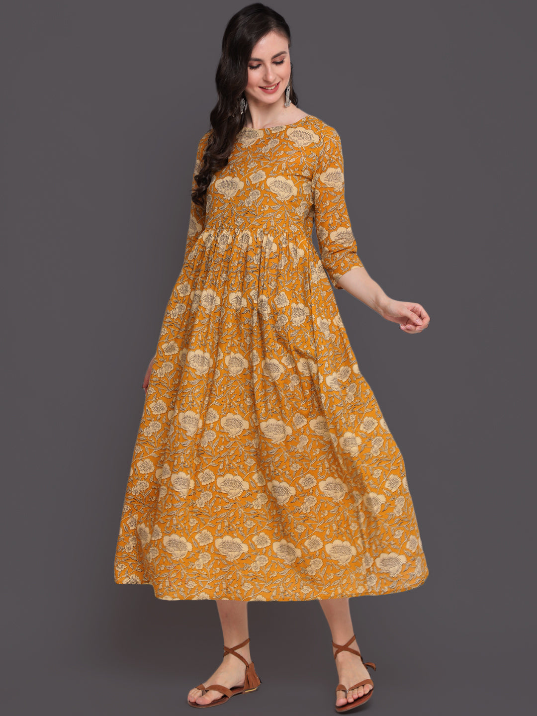 Printed Flared Calf Length 3/4 Sleeves Round Neck Cotton Kurta Dress