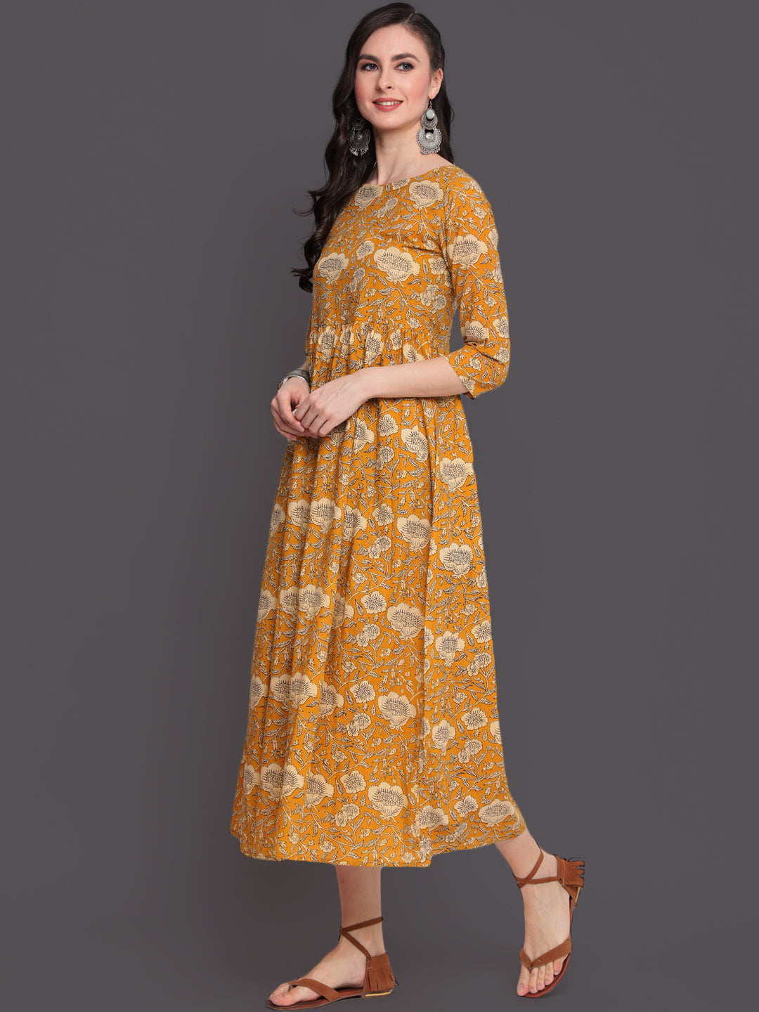 Printed Flared Calf Length 3/4 Sleeves Round Neck Cotton Kurta Dress
