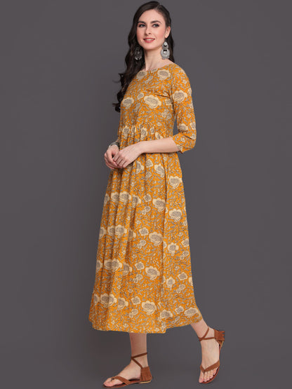 Printed Flared Calf Length 3/4 Sleeves Round Neck Cotton Kurta Dress