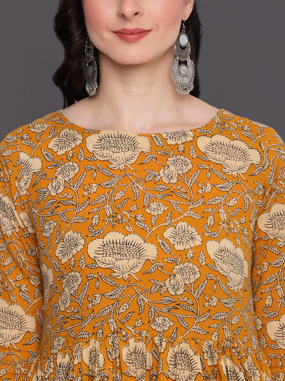Printed Flared Calf Length 3/4 Sleeves Round Neck Cotton Kurta Dress