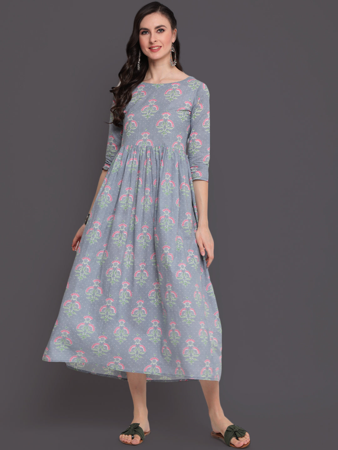 Printed Flared Calf Length 3/4 Sleeves Round Neck Cotton Kurta Dress