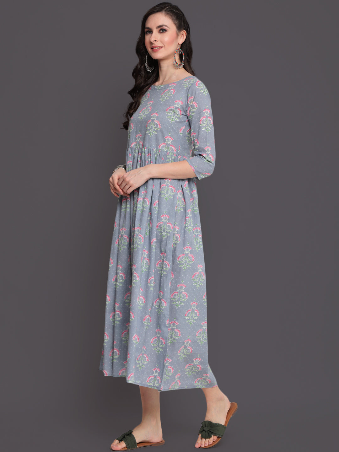 Printed Flared Calf Length 3/4 Sleeves Round Neck Cotton Kurta Dress