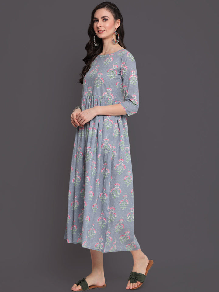 Printed Flared Calf Length 3/4 Sleeves Round Neck Cotton Kurta Dress