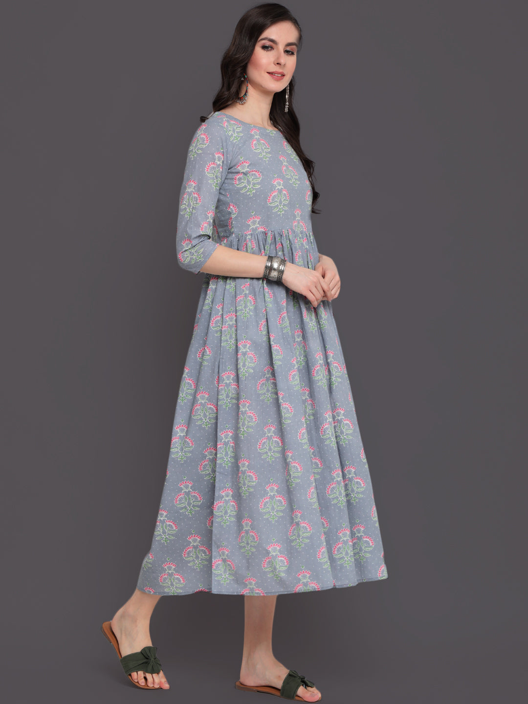 Printed Flared Calf Length 3/4 Sleeves Round Neck Cotton Kurta Dress