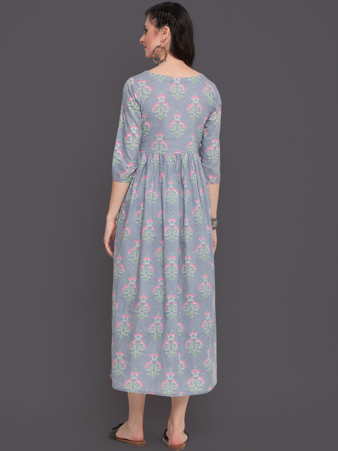 Printed Flared Calf Length 3/4 Sleeves Round Neck Cotton Kurta Dress