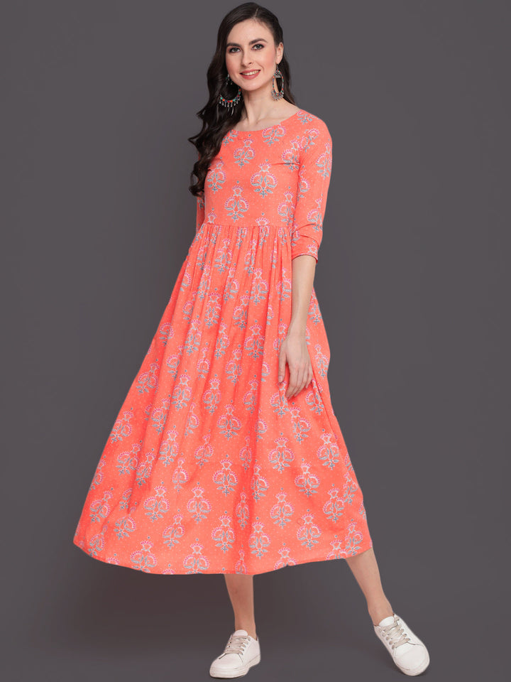 Printed Flared Calf Length 3/4 Sleeves Round Neck Cotton Kurta Dress