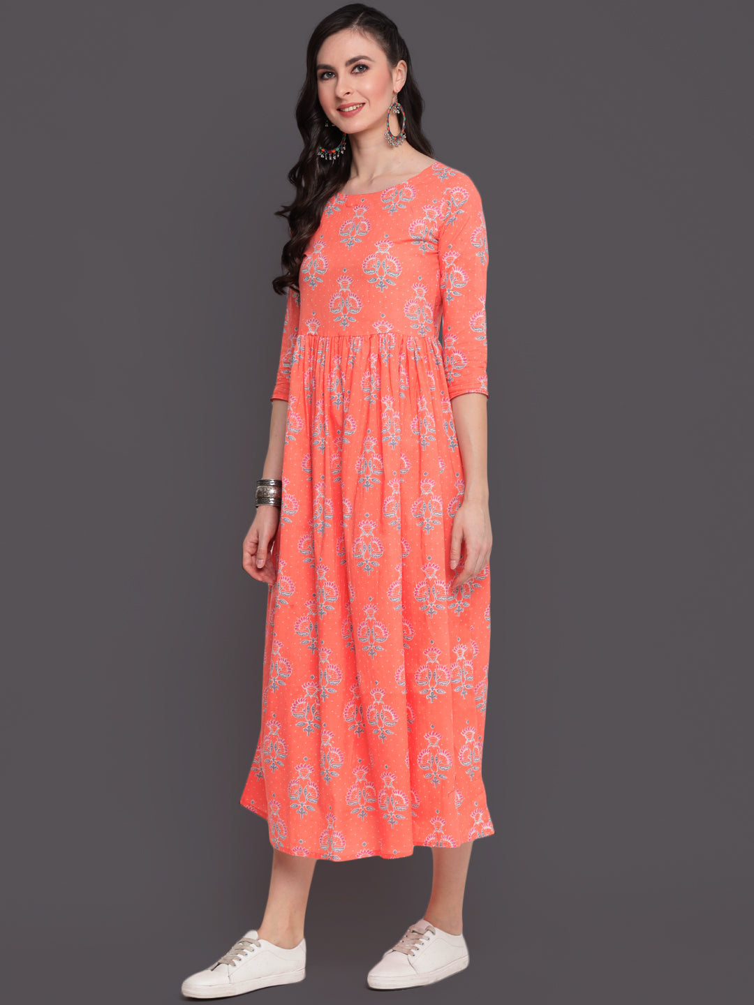 Printed Flared Calf Length 3/4 Sleeves Round Neck Cotton Kurta Dress