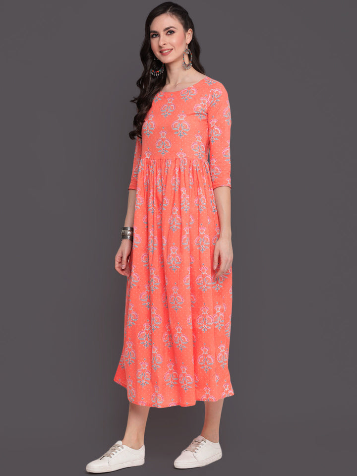 Printed Flared Calf Length 3/4 Sleeves Round Neck Cotton Kurta Dress