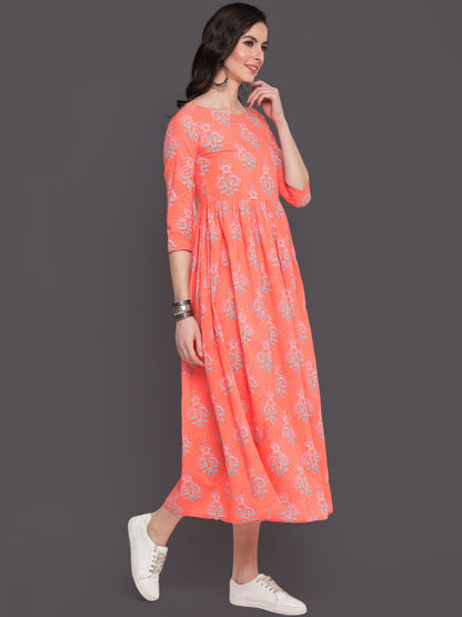 Printed Flared Calf Length 3/4 Sleeves Round Neck Cotton Kurta Dress