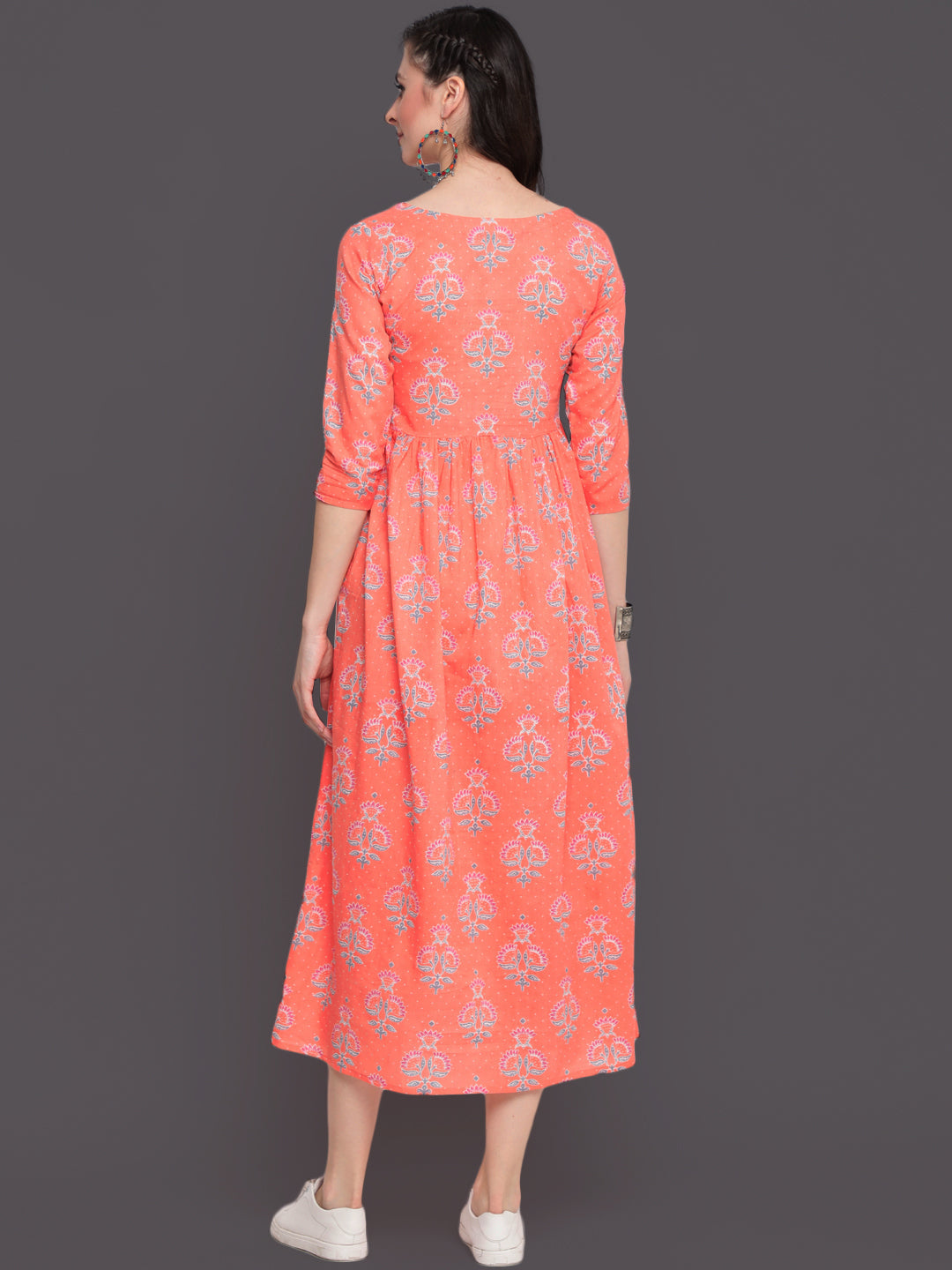 Printed Flared Calf Length 3/4 Sleeves Round Neck Cotton Kurta Dress
