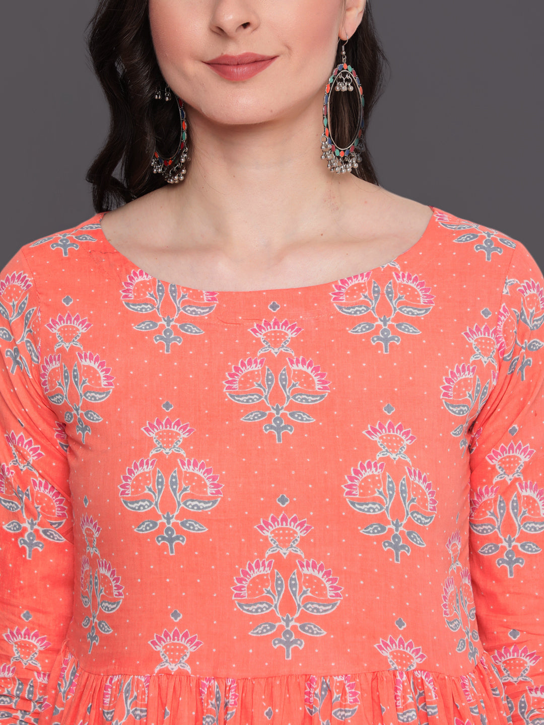 Printed Flared Calf Length 3/4 Sleeves Round Neck Cotton Kurta Dress