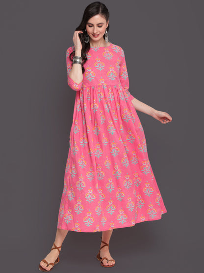 Printed Flared Calf Length 3/4 Sleeves Round Neck Cotton Kurta Dress