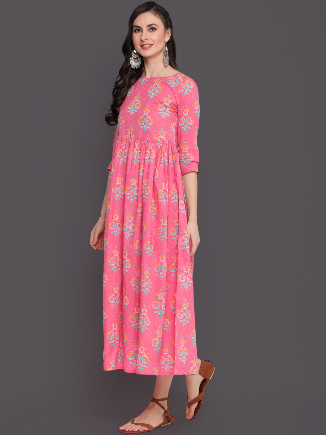 Printed Flared Calf Length 3/4 Sleeves Round Neck Cotton Kurta Dress