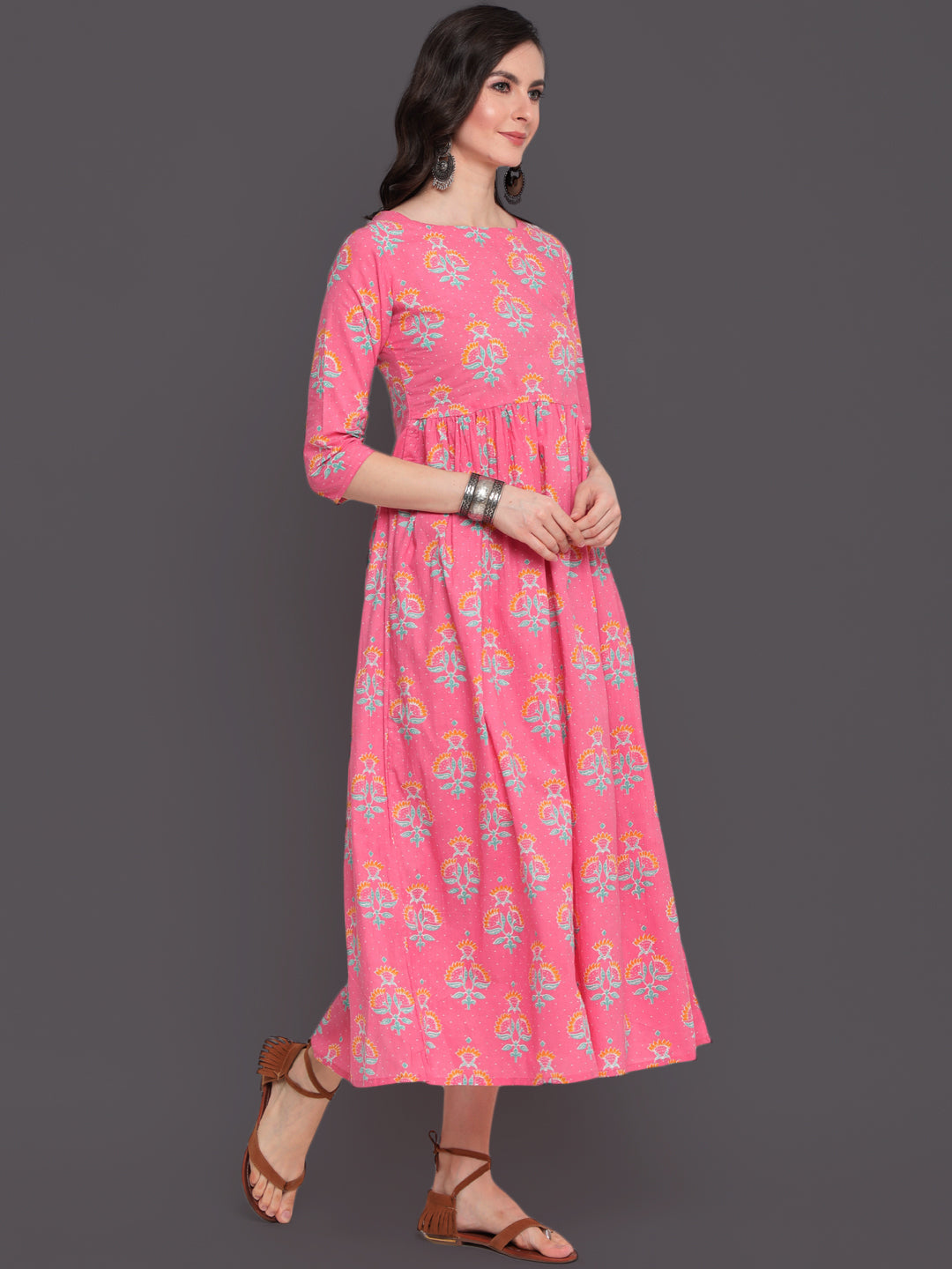 Printed Flared Calf Length 3/4 Sleeves Round Neck Cotton Kurta Dress