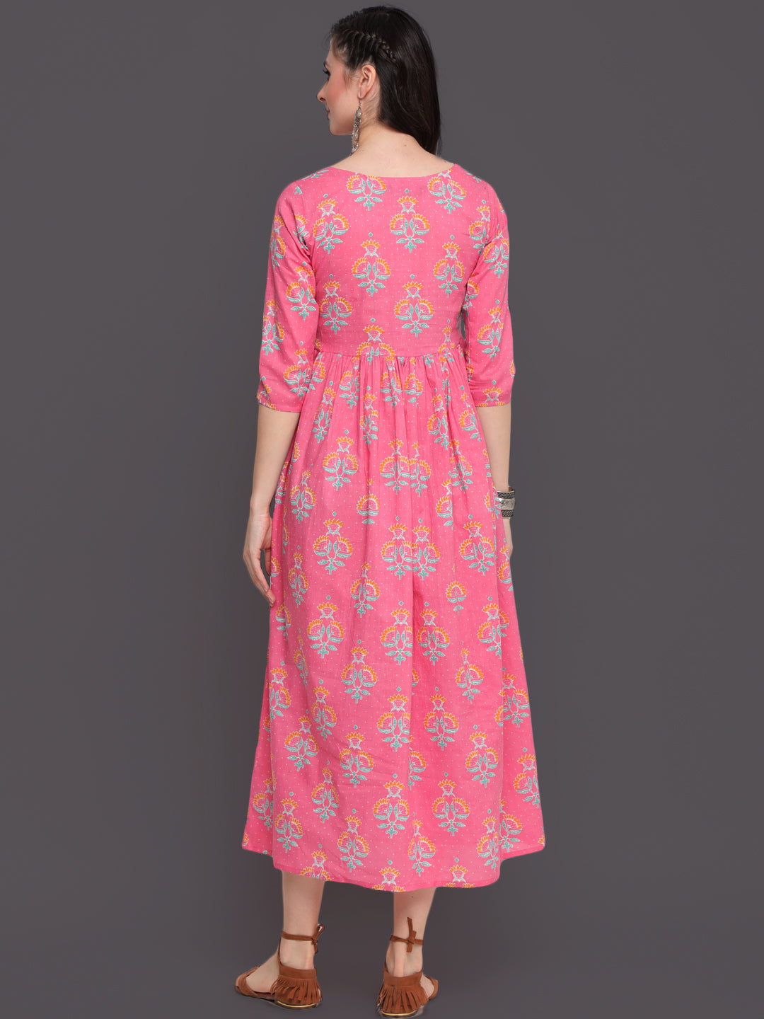 Printed Flared Calf Length 3/4 Sleeves Round Neck Cotton Kurta Dress
