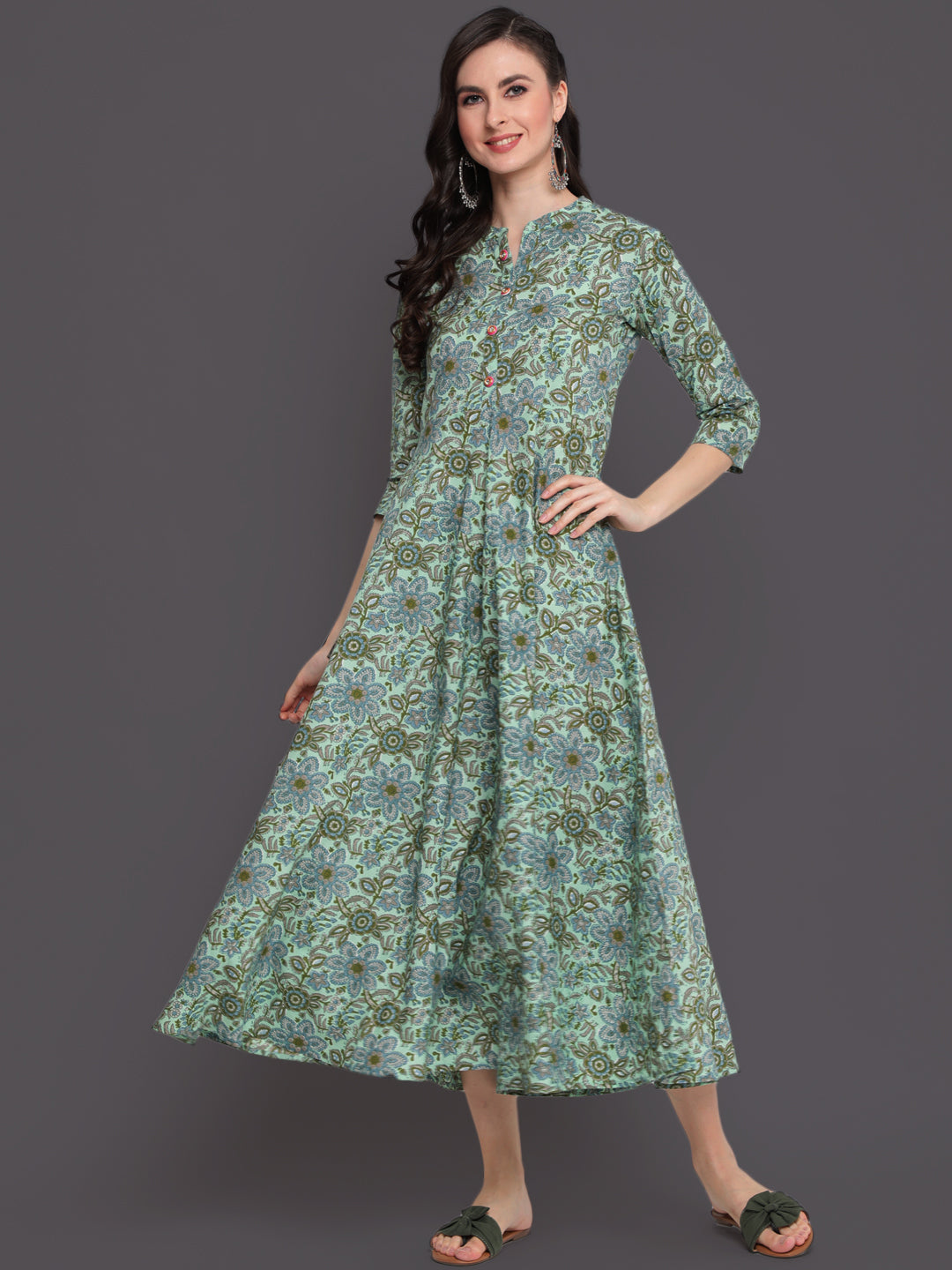 Printed Flared Calf Length 3/4 Sleeves Collor Neck Cotton Kurta