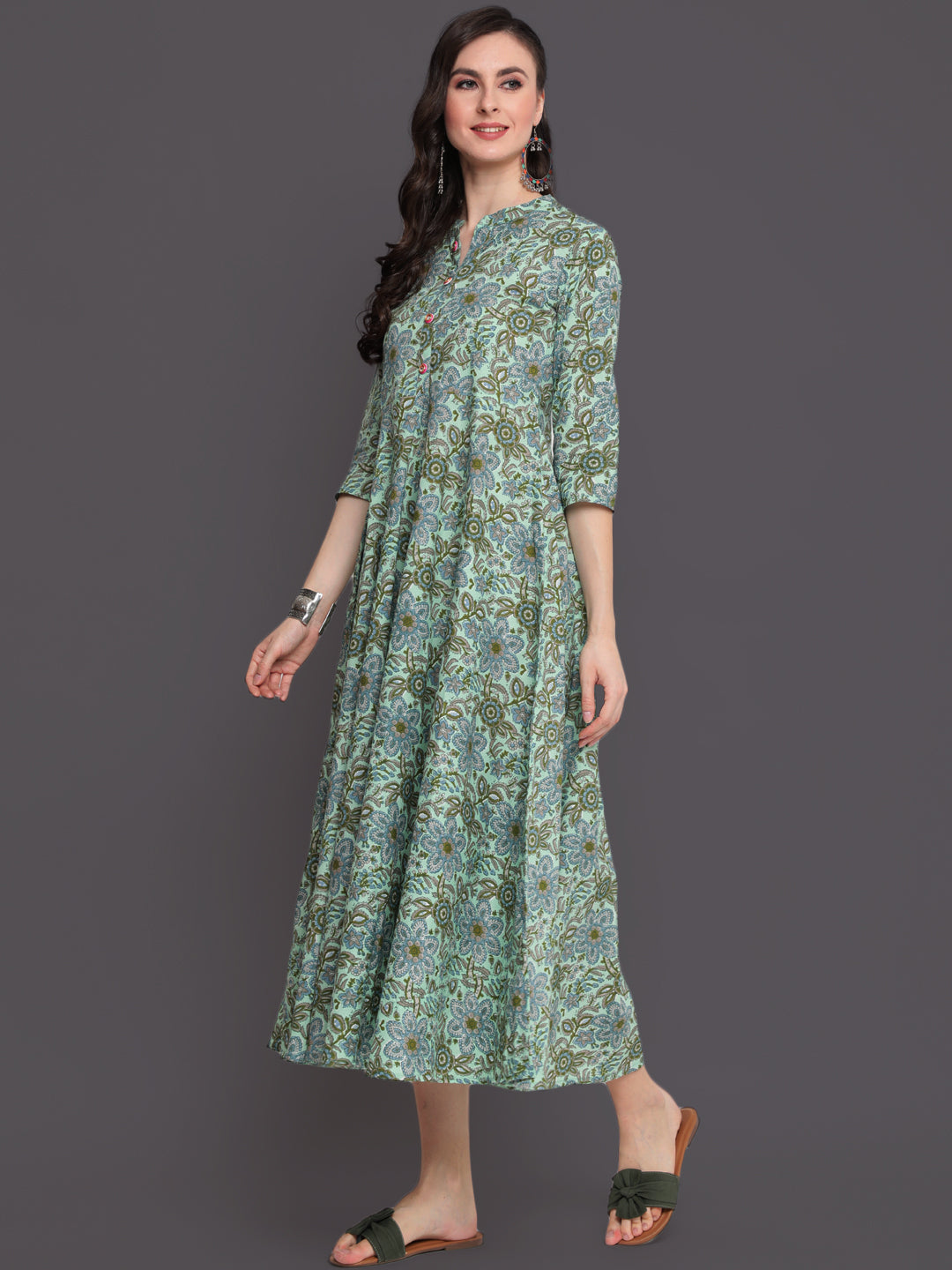 Printed Flared Calf Length 3/4 Sleeves Collor Neck Cotton Kurta