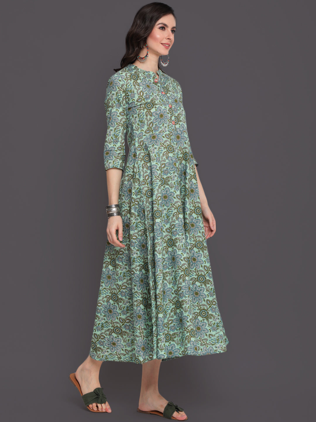 Printed Flared Calf Length 3/4 Sleeves Collor Neck Cotton Kurta