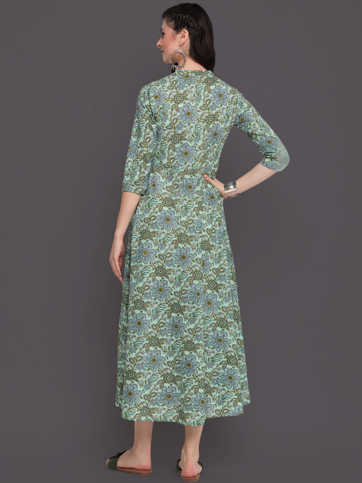 Printed Flared Calf Length 3/4 Sleeves Collor Neck Cotton Kurta