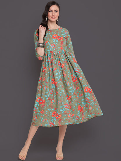Printed Flared Calf Length 3/4 Sleeves Round Neck Cotton Slub Kurta Dress