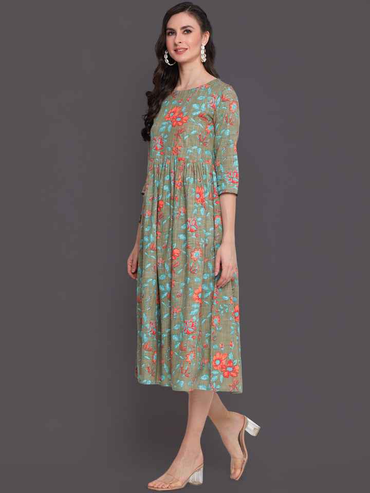Printed Flared Calf Length 3/4 Sleeves Round Neck Cotton Slub Kurta Dress