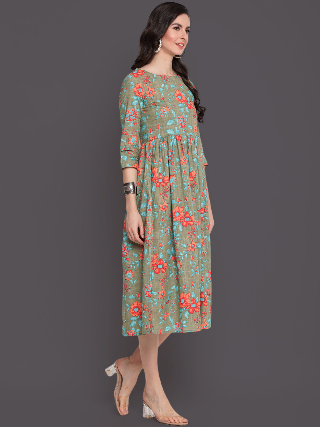 Printed Flared Calf Length 3/4 Sleeves Round Neck Cotton Slub Kurta Dress
