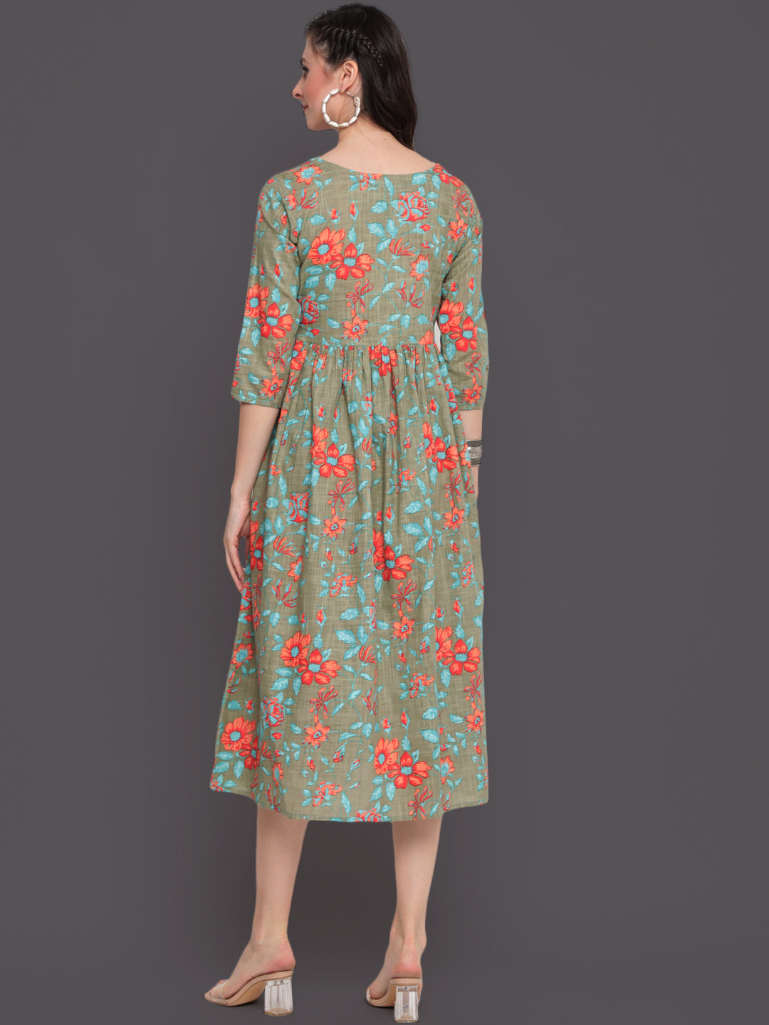 Printed Flared Calf Length 3/4 Sleeves Round Neck Cotton Slub Kurta Dress