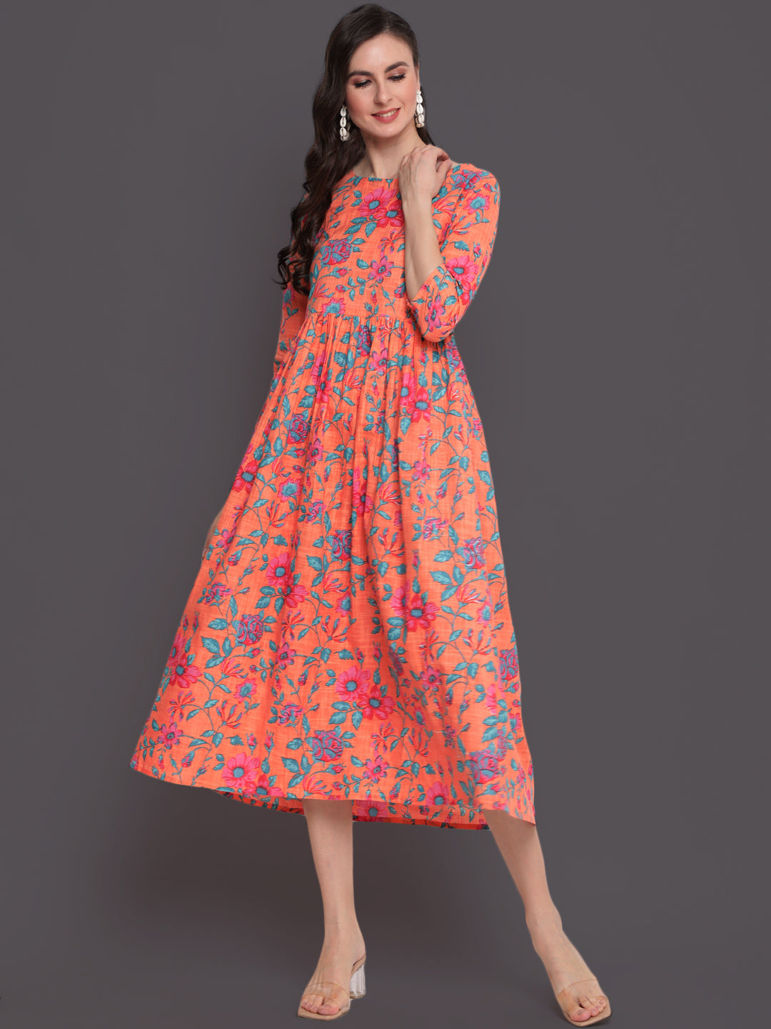 Printed Flared Calf Length 3/4 Sleeves Round Neck Cotton Slub Kurta Dress