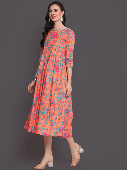 Printed Flared Calf Length 3/4 Sleeves Round Neck Cotton Slub Kurta Dress