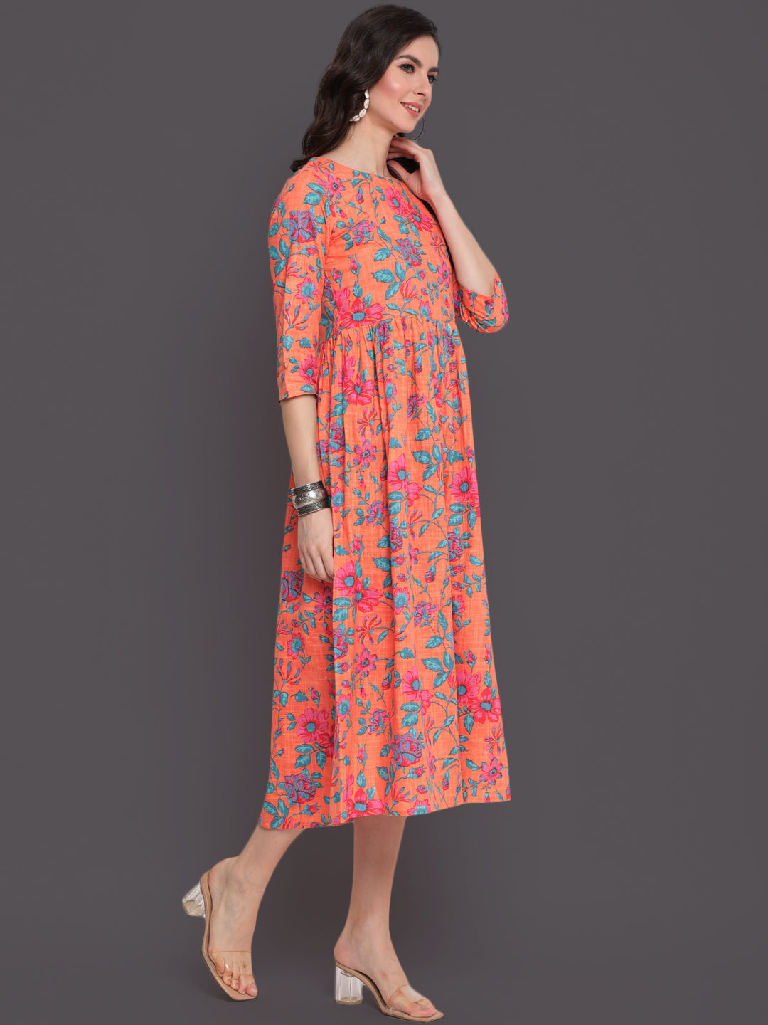 Printed Flared Calf Length 3/4 Sleeves Round Neck Cotton Slub Kurta Dress
