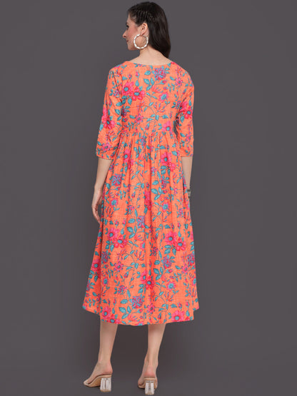 Printed Flared Calf Length 3/4 Sleeves Round Neck Cotton Slub Kurta Dress