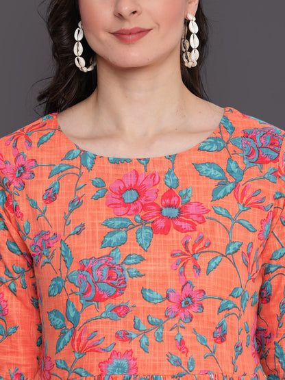 Printed Flared Calf Length 3/4 Sleeves Round Neck Cotton Slub Kurta Dress
