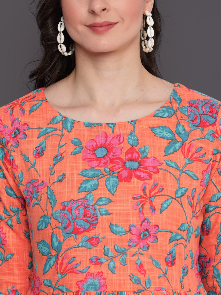 Printed Flared Calf Length 3/4 Sleeves Round Neck Cotton Slub Kurta Dress