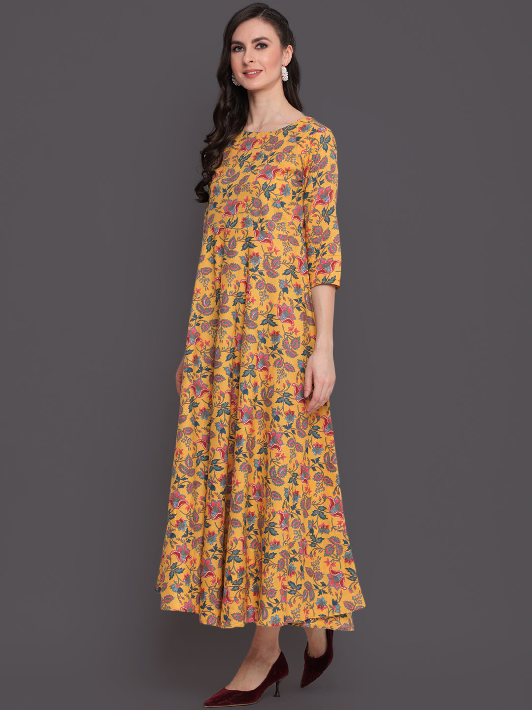 Printed Flared Ankle Length 3/4 Sleeves Round Neck Cotton Kurta