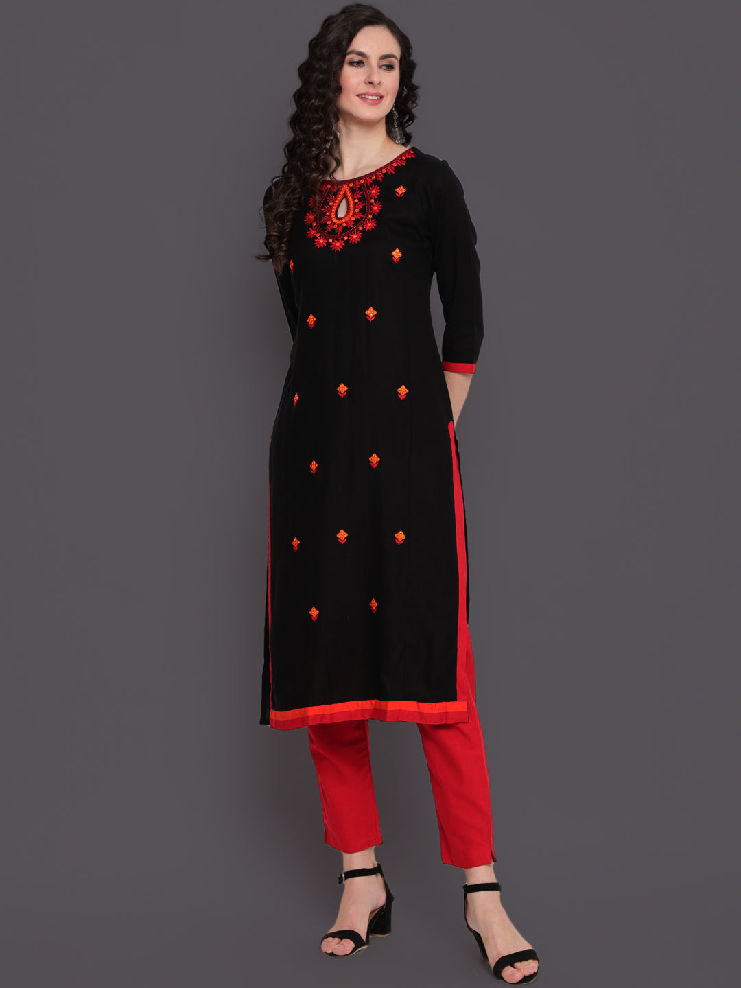 Embroidered Straight Calf Length 3/4 Sleeves Keywhole Neck Rayon Kurti