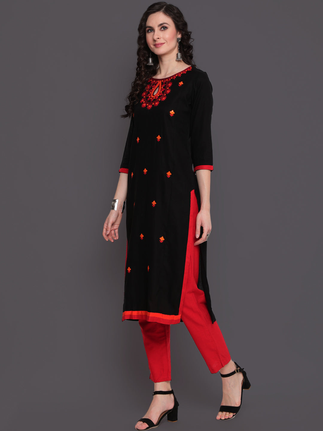 Embroidered Straight Calf Length 3/4 Sleeves Keywhole Neck Rayon Kurti
