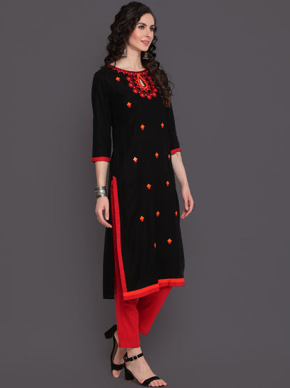 Embroidered Straight Calf Length 3/4 Sleeves Keywhole Neck Rayon Kurti