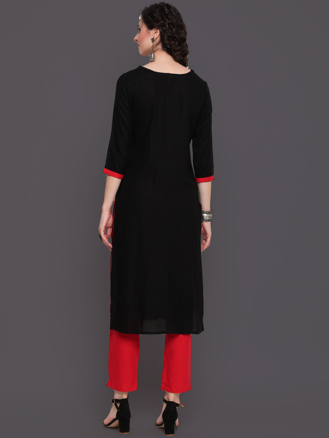 Embroidered Straight Calf Length 3/4 Sleeves Keywhole Neck Rayon Kurti