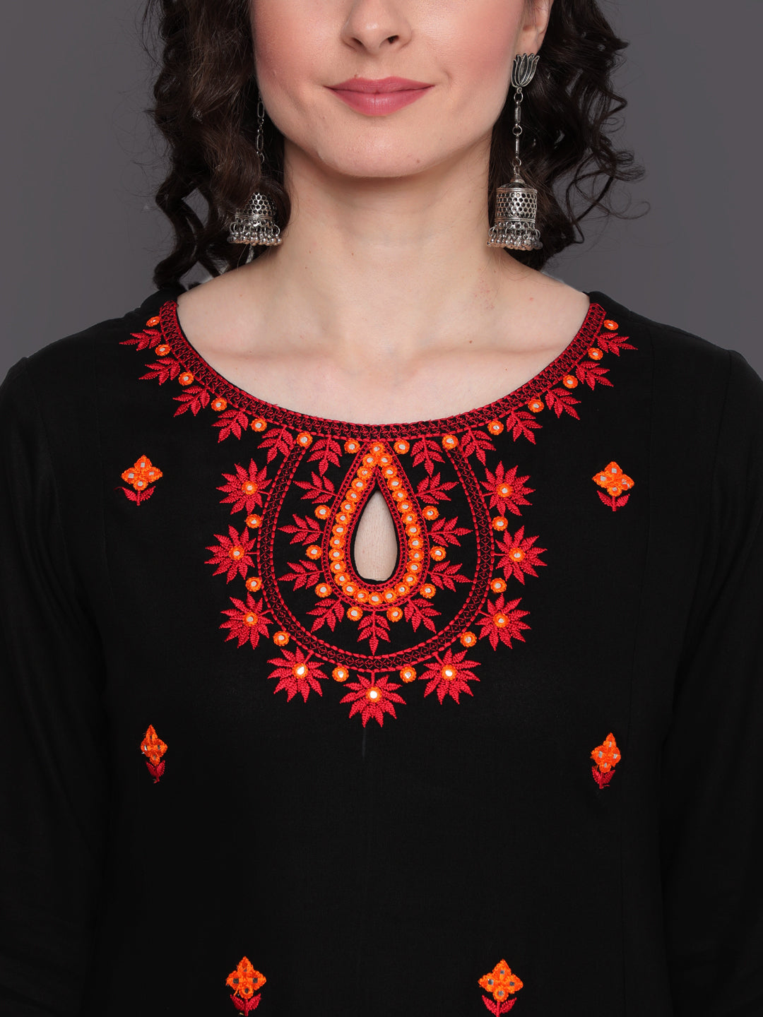 Embroidered Straight Calf Length 3/4 Sleeves Keywhole Neck Rayon Kurti