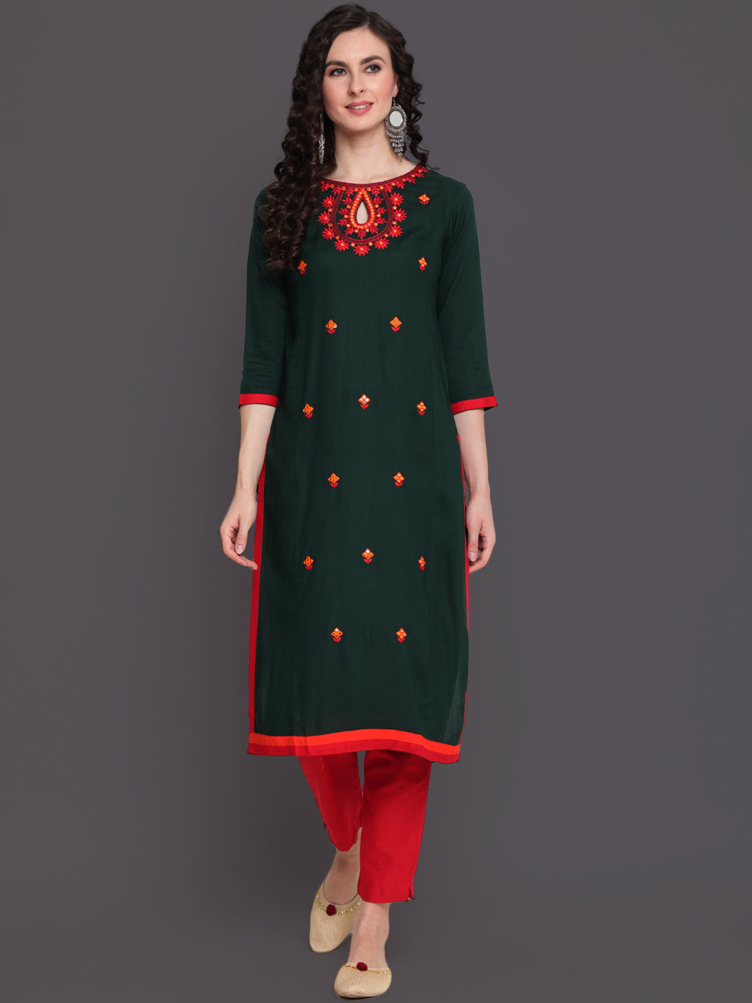 Embroidered Straight Calf Length 3/4 Sleeves Keywhole Neck Rayon Kurti